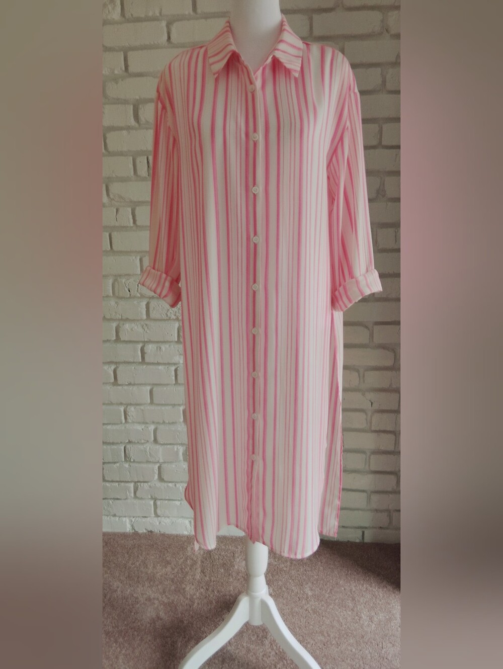 Vince Camuto Pink & White Stripe Button Front Duster, sz S